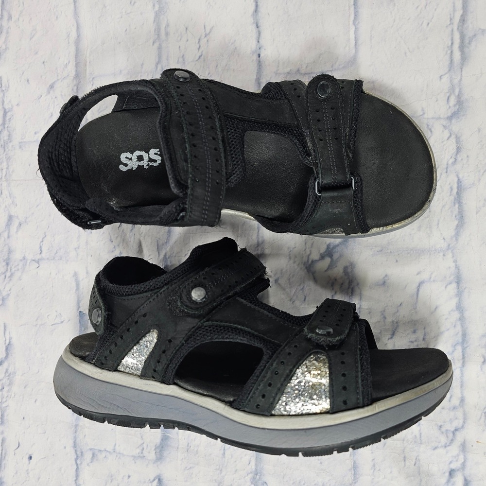 SAS Embark Sandals Womens 8 Black Silver Glitter Strappy Adjustable Comfort